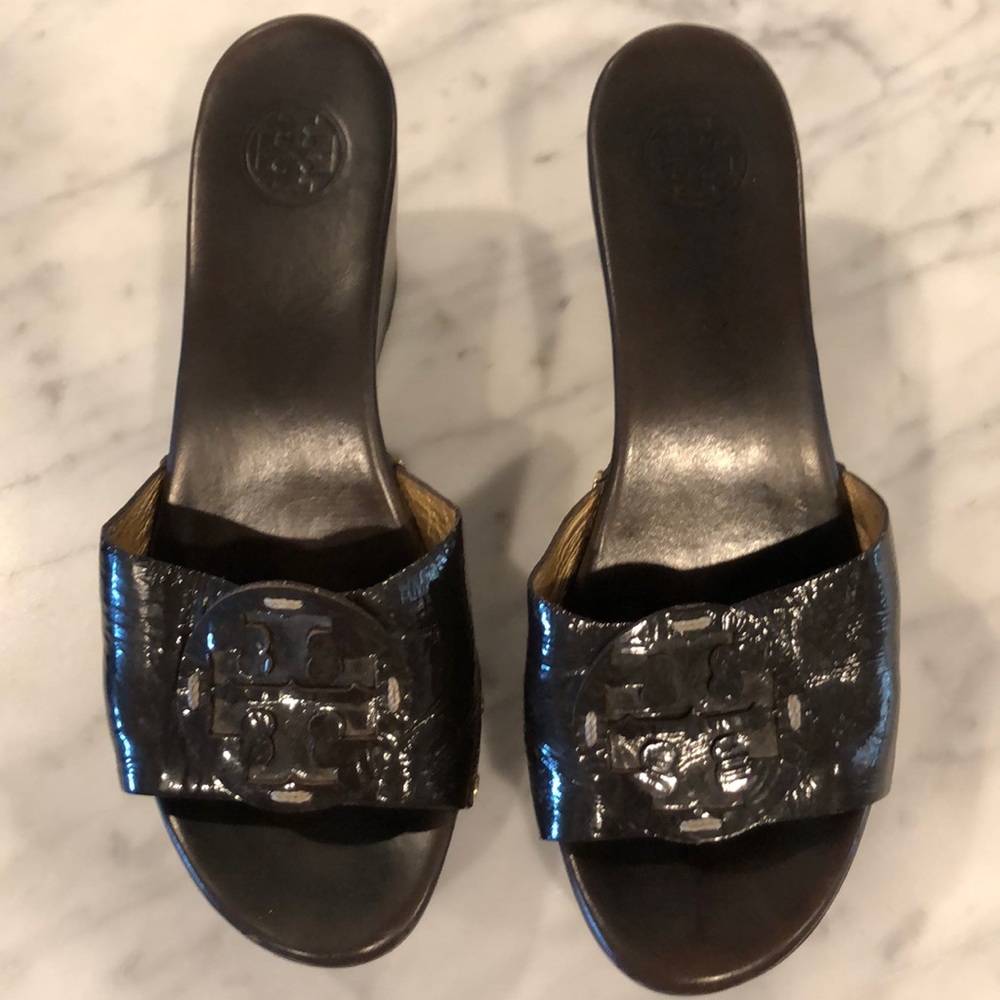 Tory Burch Black Patent Leather Logo Wedge Slides